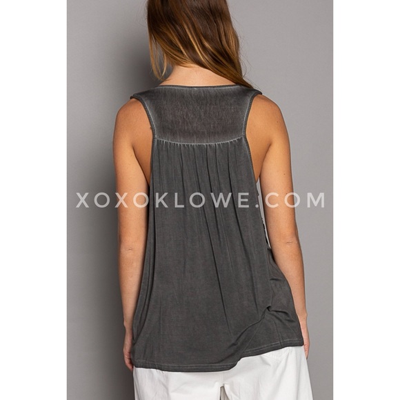 POL Washed Black 3D Flower V Neck Sleeveless Rayon Jersey Top - Picture 6 of 13